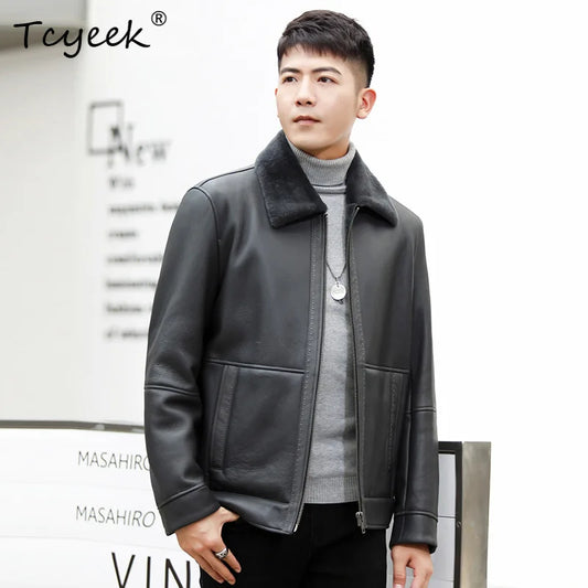 Tcyeek Genuine Leather Jacket Men 2025 Winter Clothes Motocycle Jackets Natural Sheepskin Fur Coats Short Style Куртка Мужская