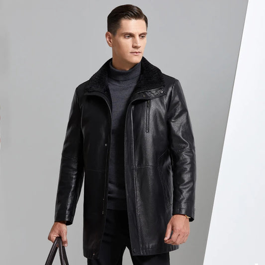 YN-8819 Fur Integrated Men's Leather Jacket Mid-length Thickened Natural Sheepskin Lapel Home Casual Jacket Factory Direct Sales